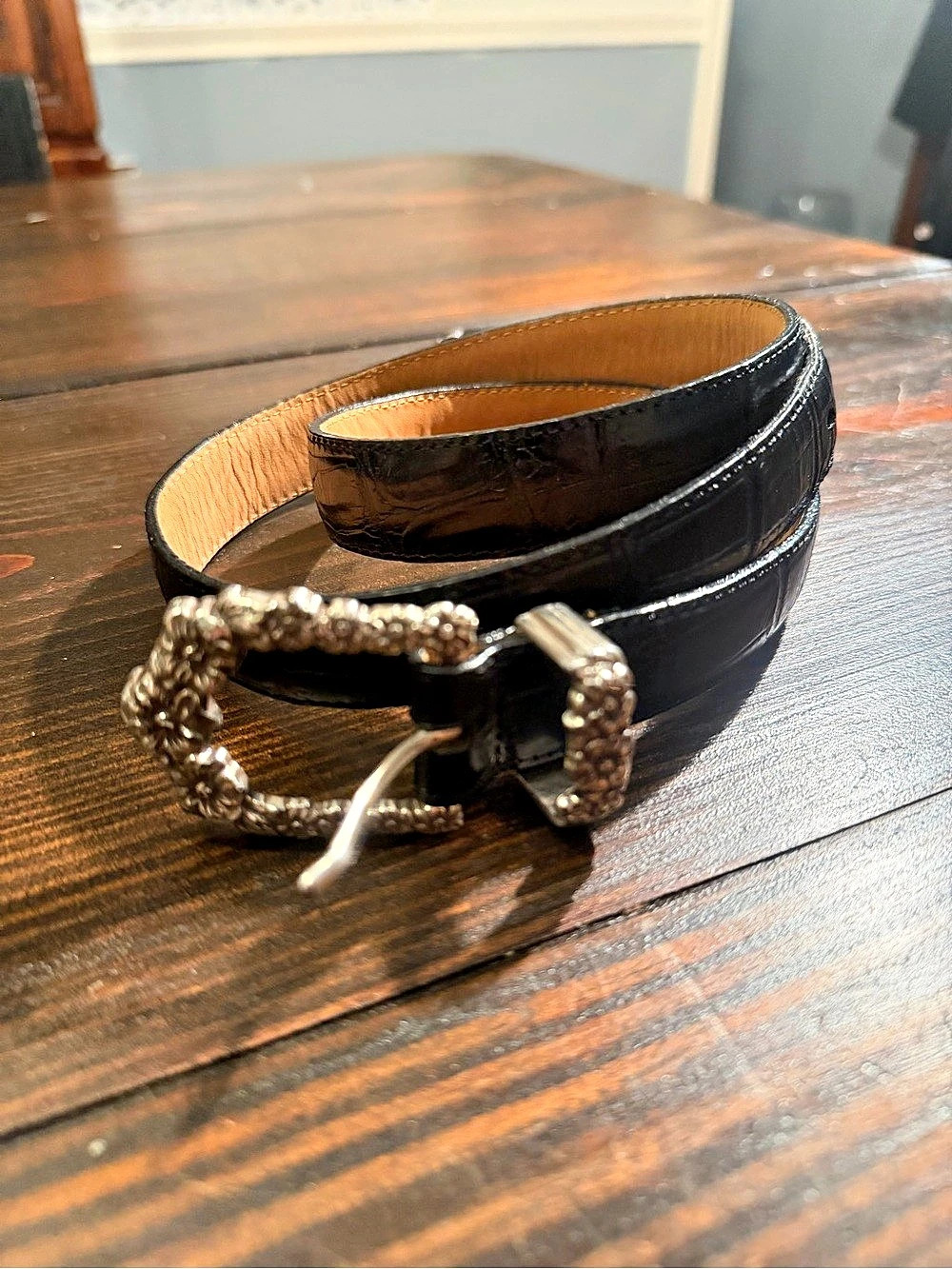 Vintage Brighton Black Croc Embossed Leather Floral Roses Silver Buckle Belt 36